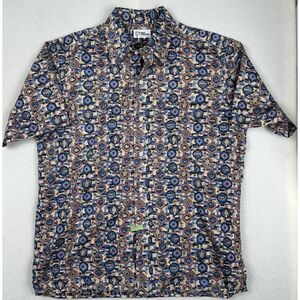 Reyn Spooner Mens Popover Shirt L Beige Blue Turtle Fish Reverse Print‎ Cotton
